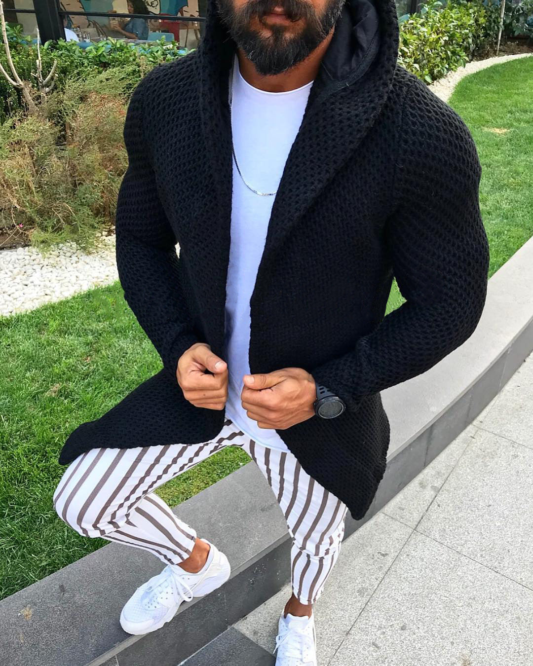 Slim long-sleeved cardigan hooded knitted sweater top men