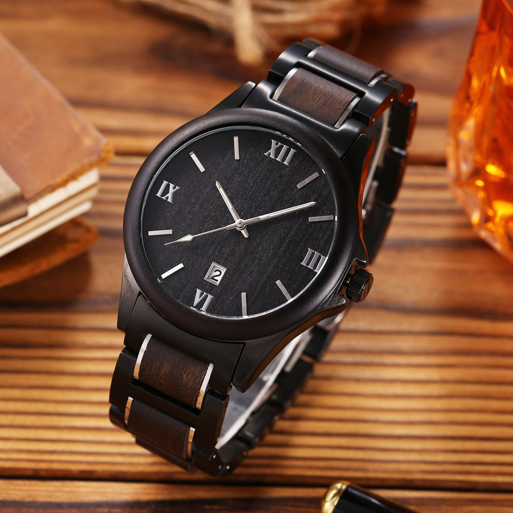 Men Quartz Sandalwood Watch Black