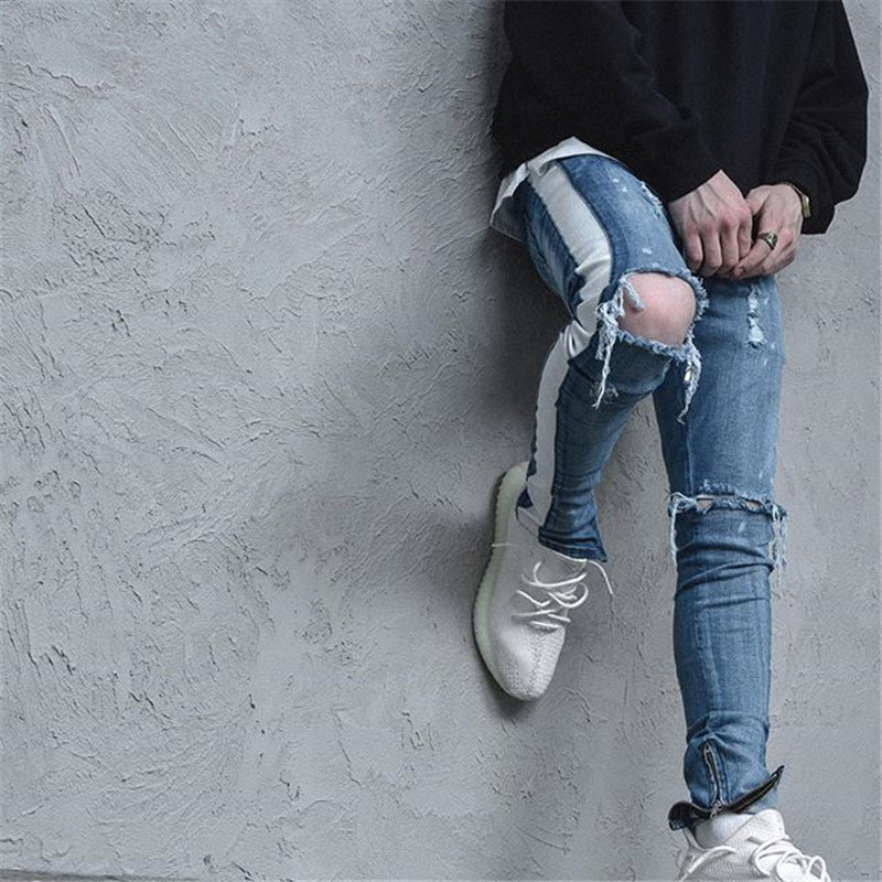 Men's Leg-Striped ripped jeans