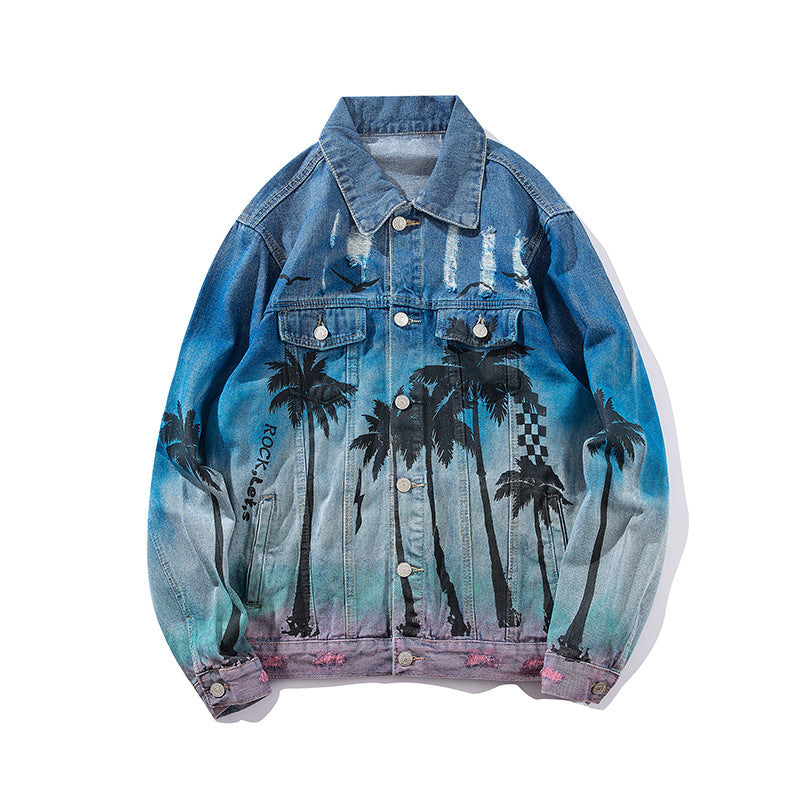 Coconut tree print denim jacket