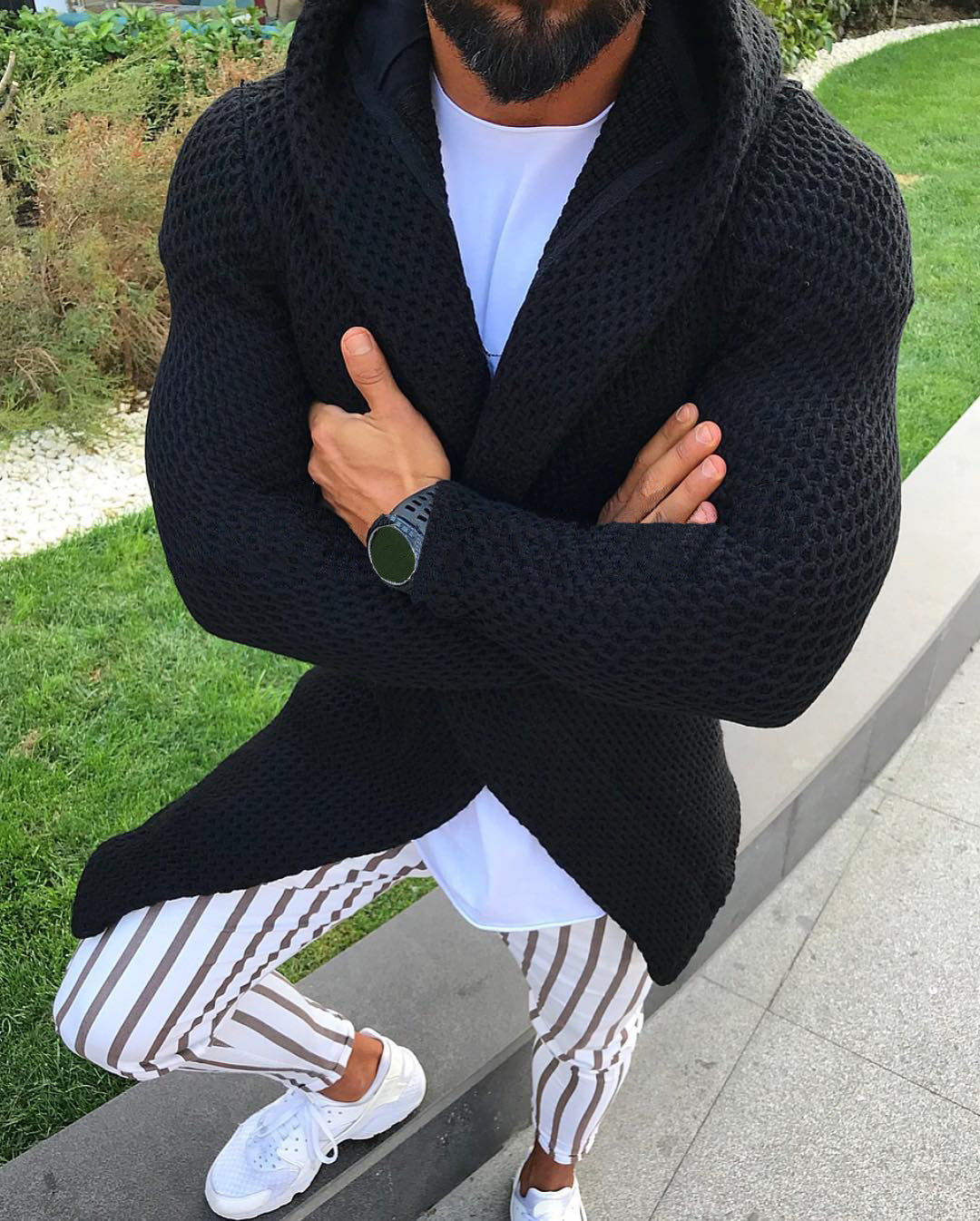 Slim long-sleeved cardigan hooded knitted sweater top men