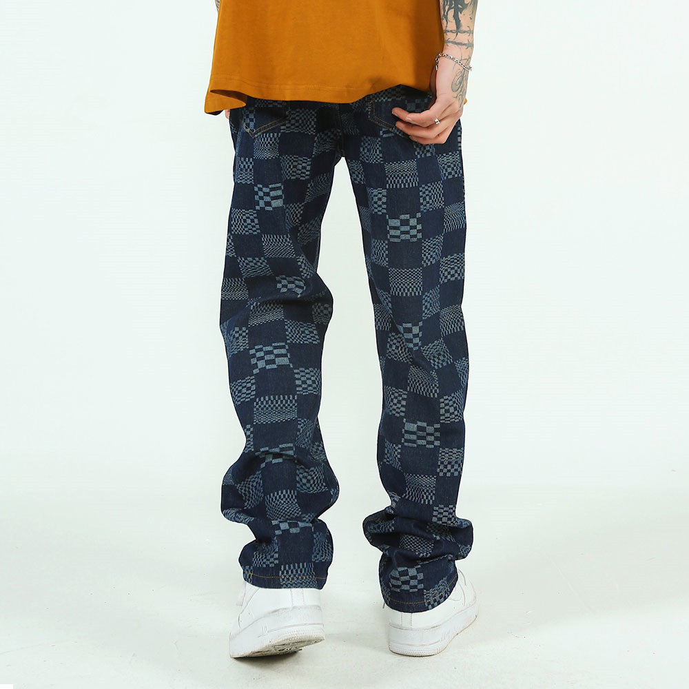 Fashion Checkerboard Jacquard Jeans For Men