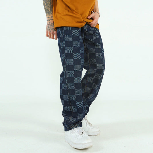 Fashion Checkerboard Jacquard Jeans For Men