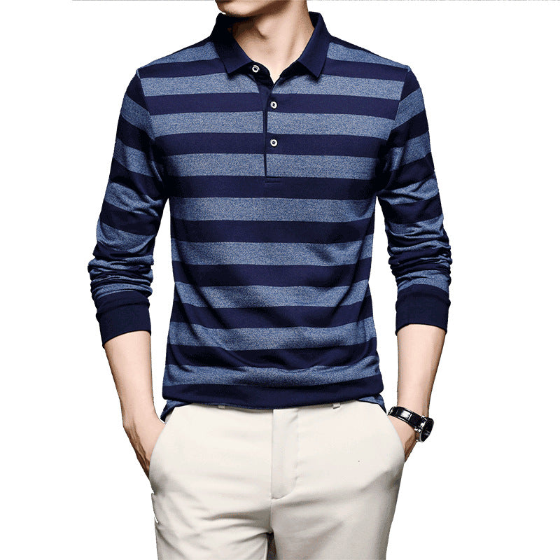 Middle-aged Long-sleeved T-shirt Men's Polo Shirt Lapel Striped Casual Style