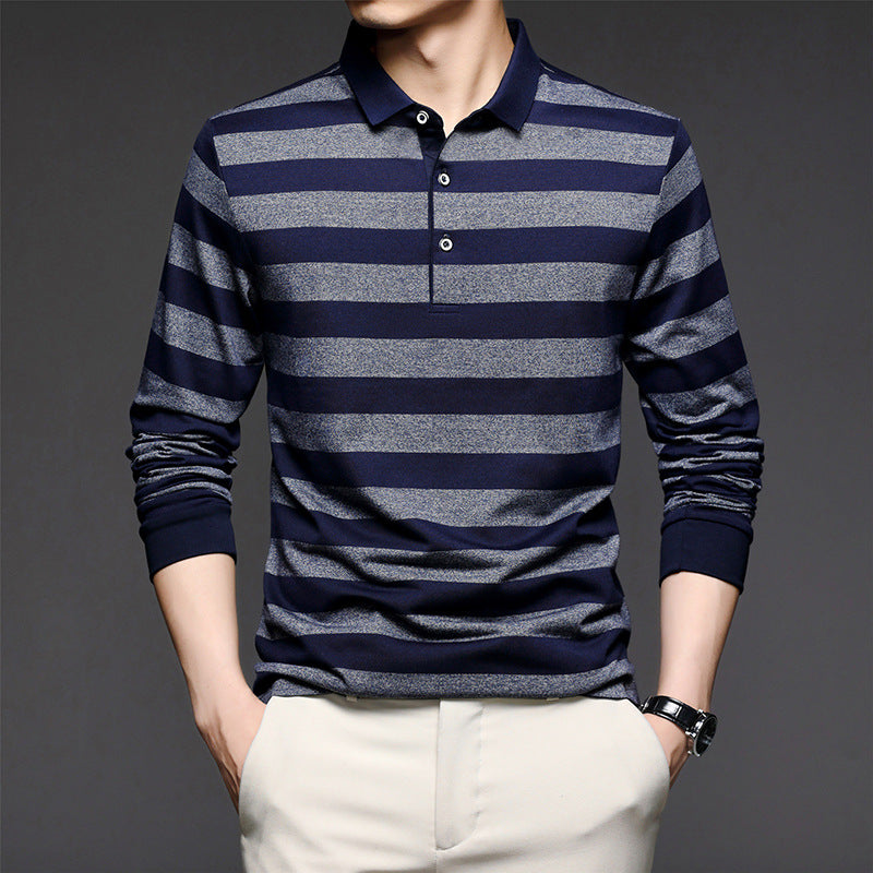 Middle-aged Long-sleeved T-shirt Men's Polo Shirt Lapel Striped Casual Style