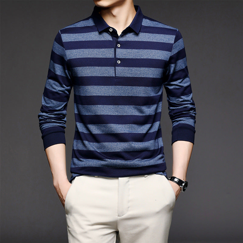 Middle-aged Long-sleeved T-shirt Men's Polo Shirt Lapel Striped Casual Style