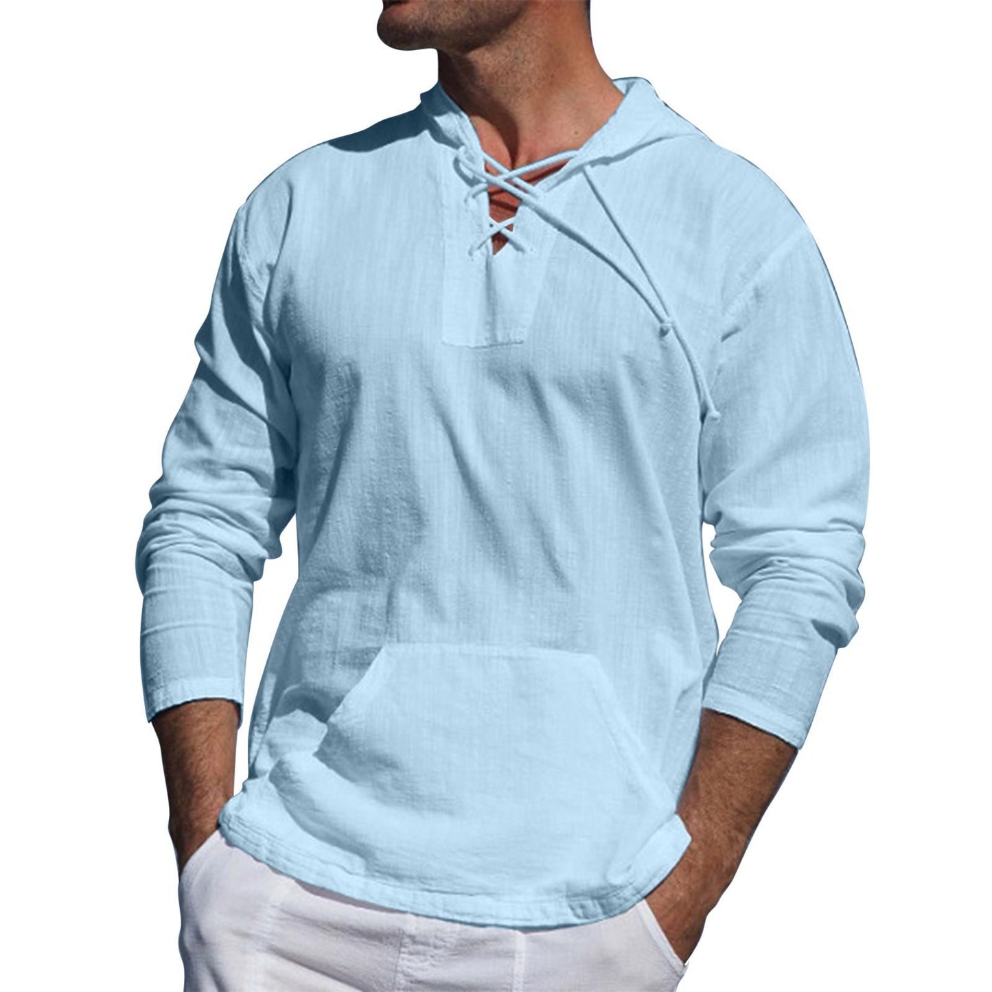 Pocket Solid Hooded Long Sleeve T-Shirt