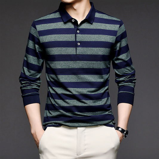 Middle-aged Long-sleeved T-shirt Men's Polo Shirt Lapel Striped Casual Style